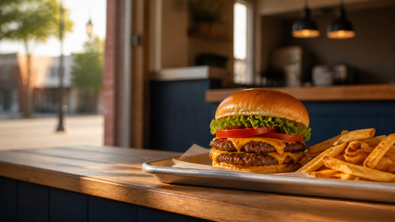 Fresh burger and fries served at a neighborhood restaurant